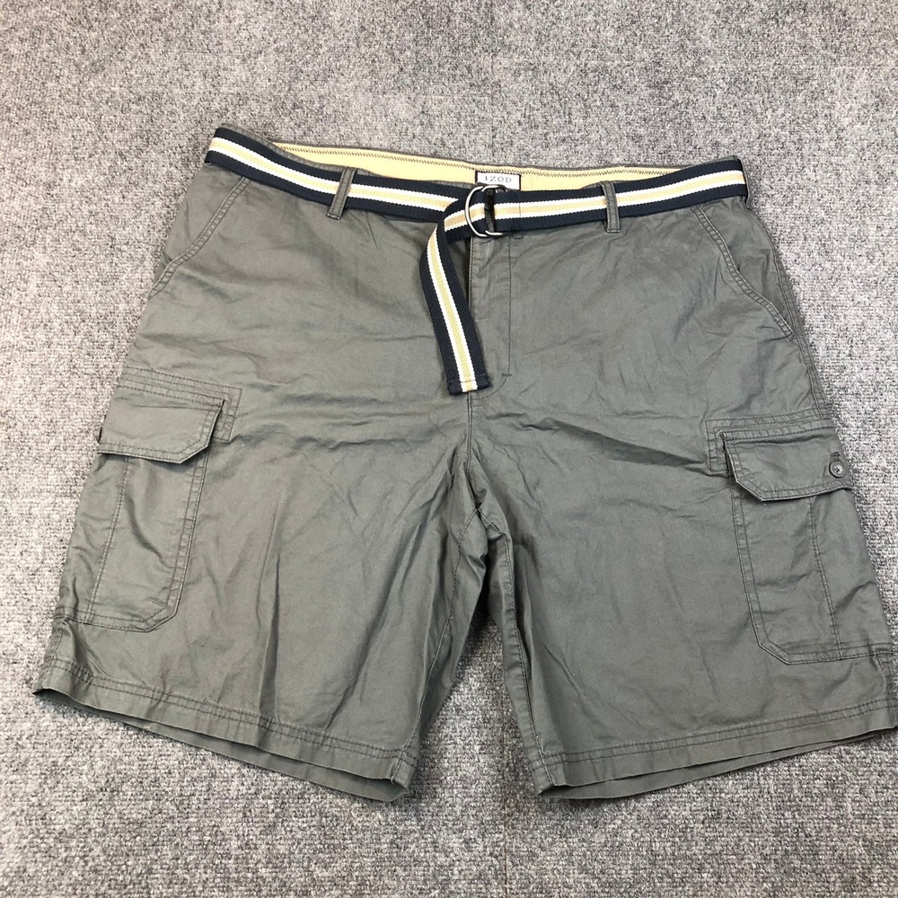 IZOD Saltwater Mens Cargo Shorts Olive Green Cotton Size 42 with Belt